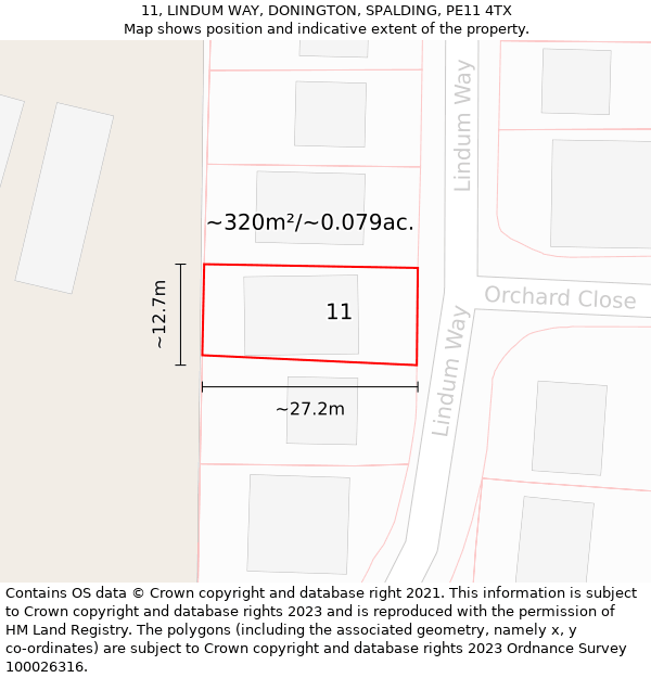 11, LINDUM WAY, DONINGTON, SPALDING, PE11 4TX: Plot and title map