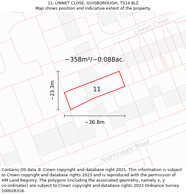 11, LINNET CLOSE, GUISBOROUGH, TS14 8LZ: Plot and title map