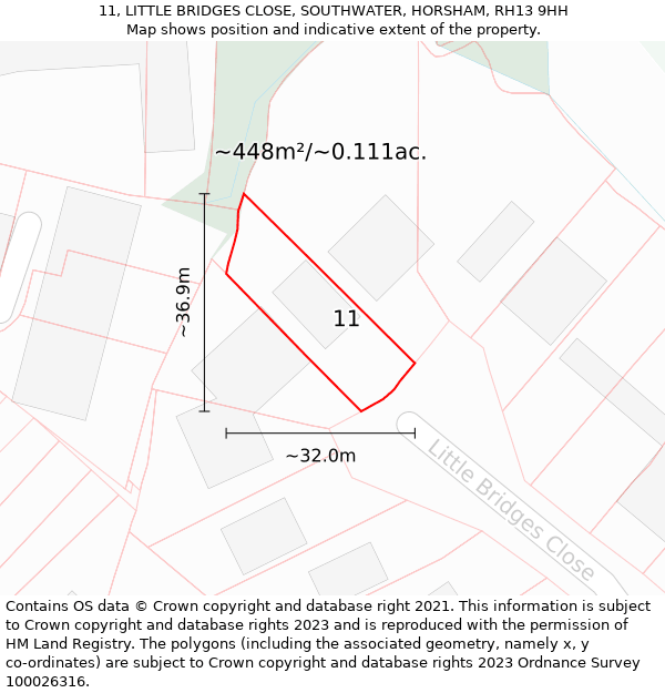 11, LITTLE BRIDGES CLOSE, SOUTHWATER, HORSHAM, RH13 9HH: Plot and title map