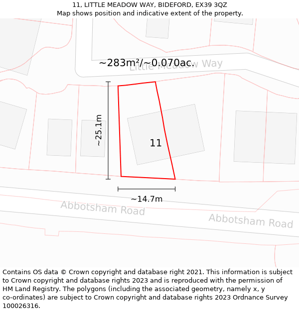11, LITTLE MEADOW WAY, BIDEFORD, EX39 3QZ: Plot and title map