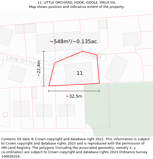 11, LITTLE ORCHARD, HOOK, GOOLE, DN14 5SL: Plot and title map