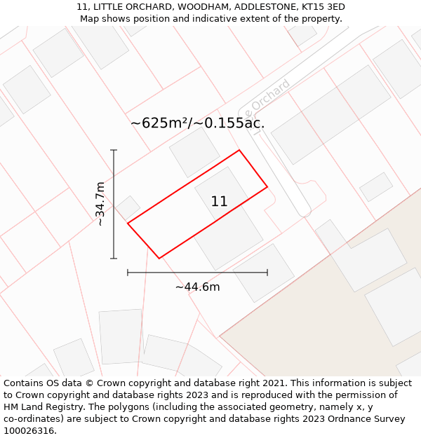 11, LITTLE ORCHARD, WOODHAM, ADDLESTONE, KT15 3ED: Plot and title map