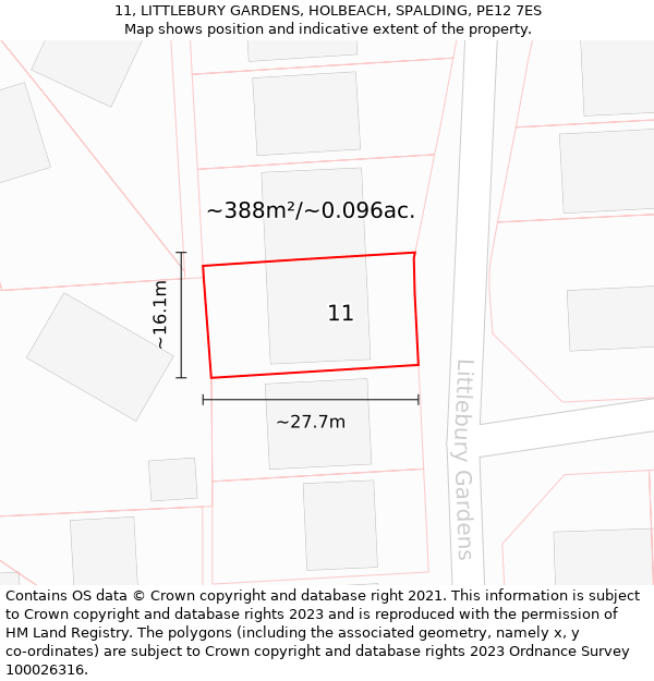 11, LITTLEBURY GARDENS, HOLBEACH, SPALDING, PE12 7ES: Plot and title map