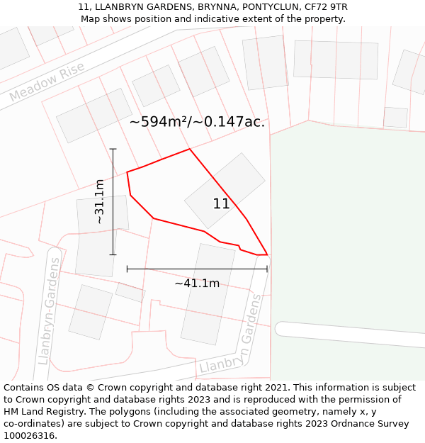 11, LLANBRYN GARDENS, BRYNNA, PONTYCLUN, CF72 9TR: Plot and title map