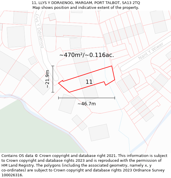 11, LLYS Y DDRAENOG, MARGAM, PORT TALBOT, SA13 2TQ: Plot and title map