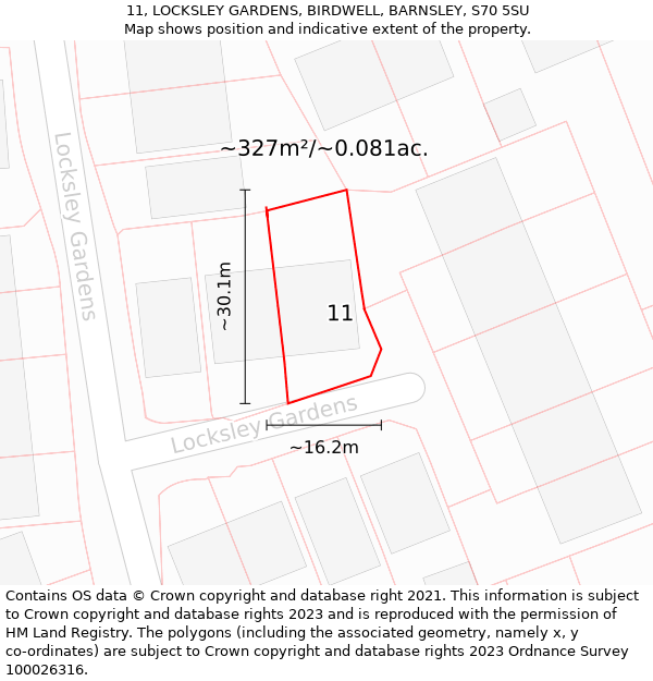 11, LOCKSLEY GARDENS, BIRDWELL, BARNSLEY, S70 5SU: Plot and title map