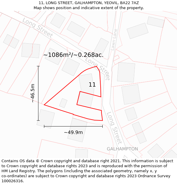 11, LONG STREET, GALHAMPTON, YEOVIL, BA22 7AZ: Plot and title map