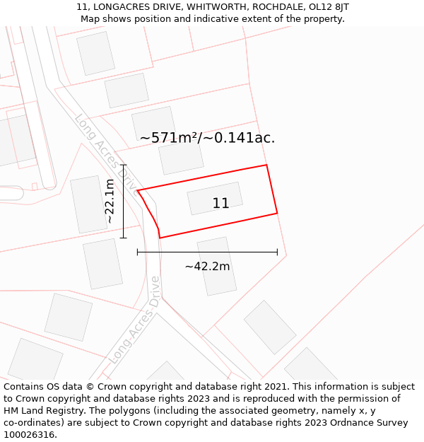 11, LONGACRES DRIVE, WHITWORTH, ROCHDALE, OL12 8JT: Plot and title map