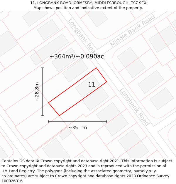 11, LONGBANK ROAD, ORMESBY, MIDDLESBROUGH, TS7 9EX: Plot and title map