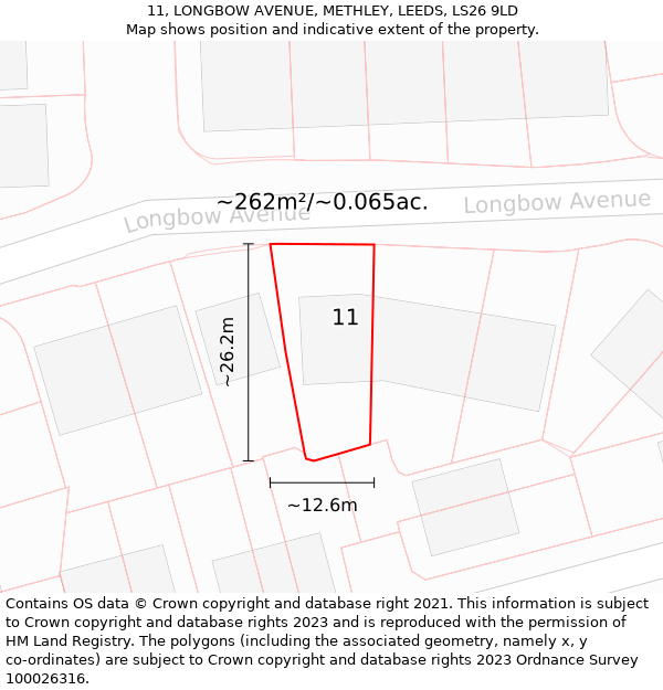 11, LONGBOW AVENUE, METHLEY, LEEDS, LS26 9LD: Plot and title map