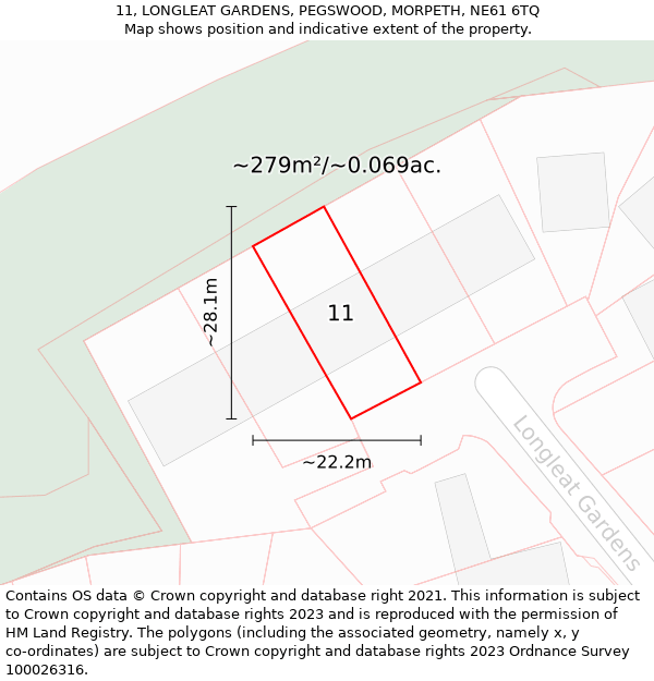 11, LONGLEAT GARDENS, PEGSWOOD, MORPETH, NE61 6TQ: Plot and title map