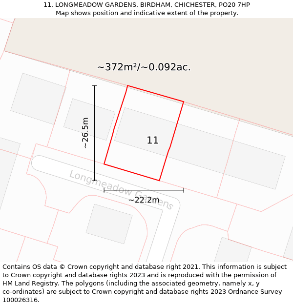 11, LONGMEADOW GARDENS, BIRDHAM, CHICHESTER, PO20 7HP: Plot and title map