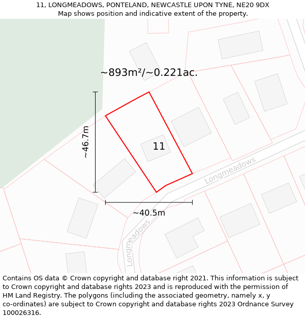 11, LONGMEADOWS, PONTELAND, NEWCASTLE UPON TYNE, NE20 9DX: Plot and title map