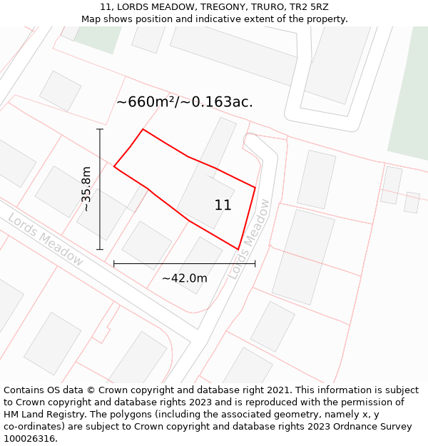 11, LORDS MEADOW, TREGONY, TRURO, TR2 5RZ: Plot and title map