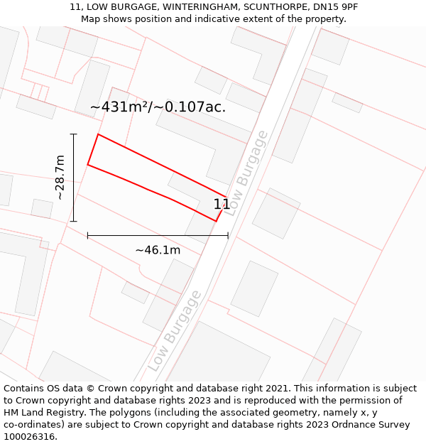 11, LOW BURGAGE, WINTERINGHAM, SCUNTHORPE, DN15 9PF: Plot and title map