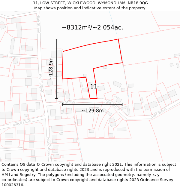 11, LOW STREET, WICKLEWOOD, WYMONDHAM, NR18 9QG: Plot and title map