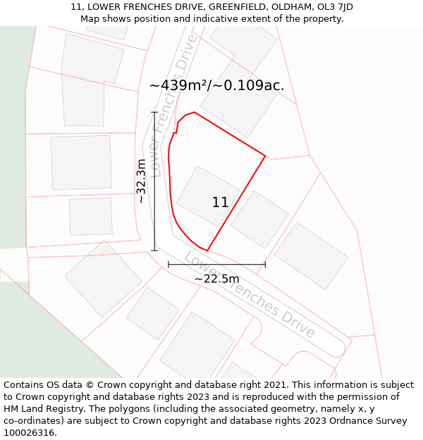 11, LOWER FRENCHES DRIVE, GREENFIELD, OLDHAM, OL3 7JD: Plot and title map