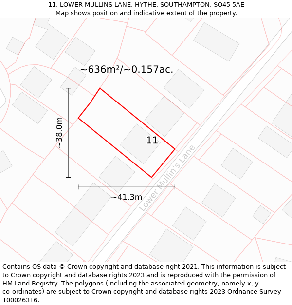 11, LOWER MULLINS LANE, HYTHE, SOUTHAMPTON, SO45 5AE: Plot and title map