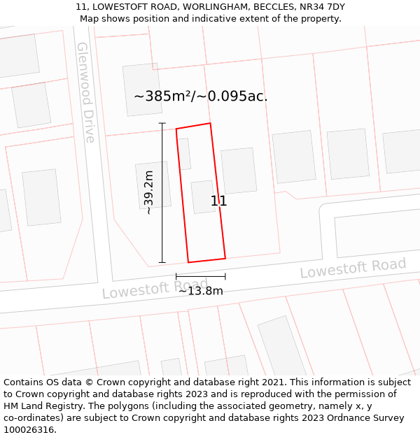 11, LOWESTOFT ROAD, WORLINGHAM, BECCLES, NR34 7DY: Plot and title map