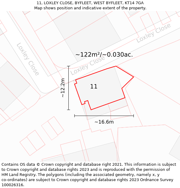 11, LOXLEY CLOSE, BYFLEET, WEST BYFLEET, KT14 7GA: Plot and title map