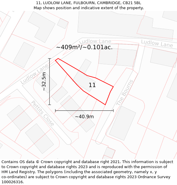 11, LUDLOW LANE, FULBOURN, CAMBRIDGE, CB21 5BL: Plot and title map