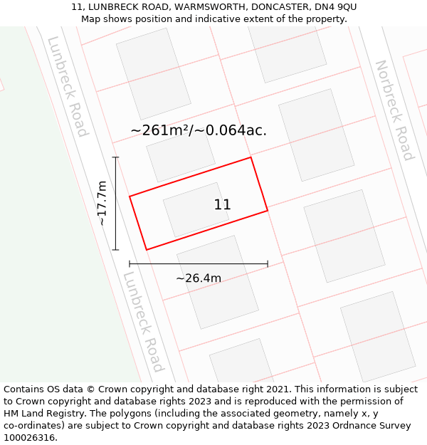 11, LUNBRECK ROAD, WARMSWORTH, DONCASTER, DN4 9QU: Plot and title map