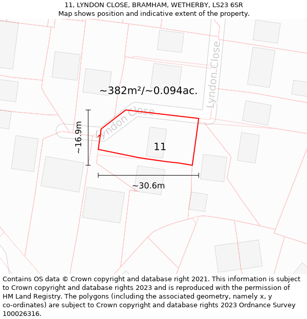 11, LYNDON CLOSE, BRAMHAM, WETHERBY, LS23 6SR: Plot and title map
