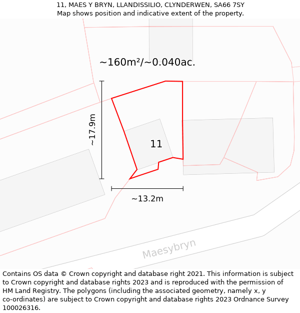 11, MAES Y BRYN, LLANDISSILIO, CLYNDERWEN, SA66 7SY: Plot and title map