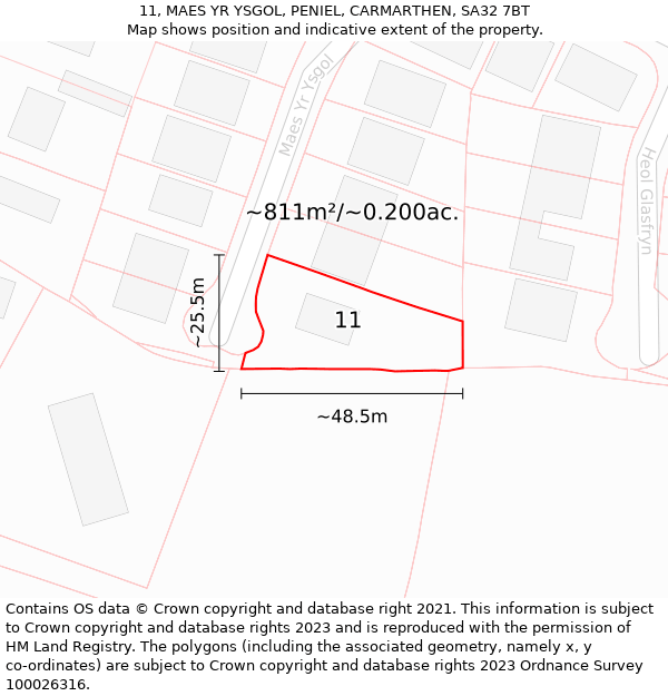 11, MAES YR YSGOL, PENIEL, CARMARTHEN, SA32 7BT: Plot and title map