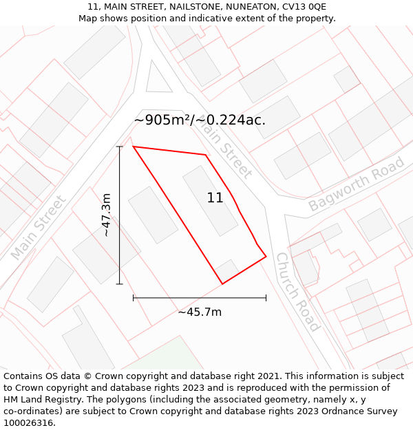 11, MAIN STREET, NAILSTONE, NUNEATON, CV13 0QE: Plot and title map