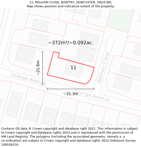 11, MALHAM CLOSE, BAWTRY, DONCASTER, DN10 6PL: Plot and title map