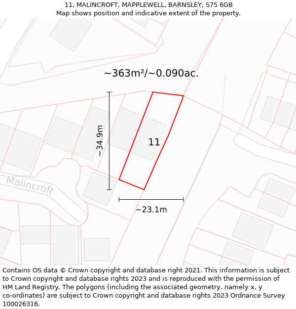 11, MALINCROFT, MAPPLEWELL, BARNSLEY, S75 6GB: Plot and title map