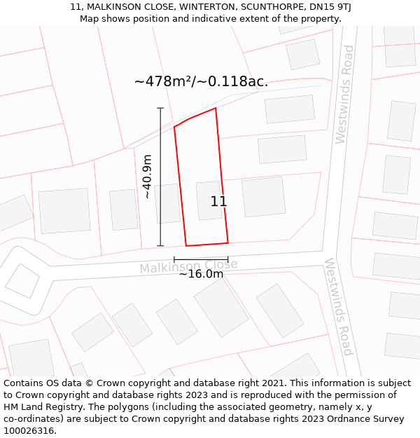 11, MALKINSON CLOSE, WINTERTON, SCUNTHORPE, DN15 9TJ: Plot and title map