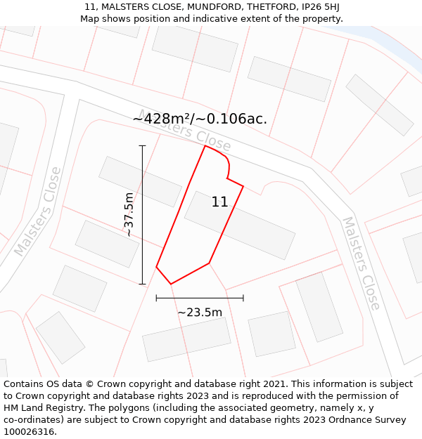 11, MALSTERS CLOSE, MUNDFORD, THETFORD, IP26 5HJ: Plot and title map