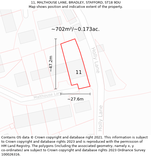 11, MALTHOUSE LANE, BRADLEY, STAFFORD, ST18 9DU: Plot and title map