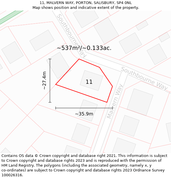 11, MALVERN WAY, PORTON, SALISBURY, SP4 0NL: Plot and title map