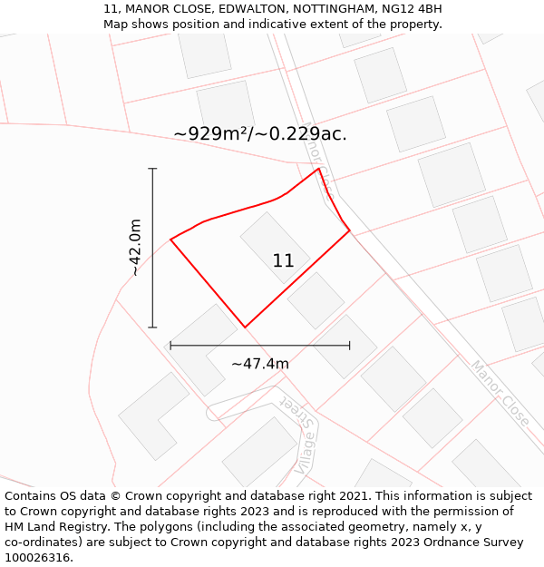 11, MANOR CLOSE, EDWALTON, NOTTINGHAM, NG12 4BH: Plot and title map