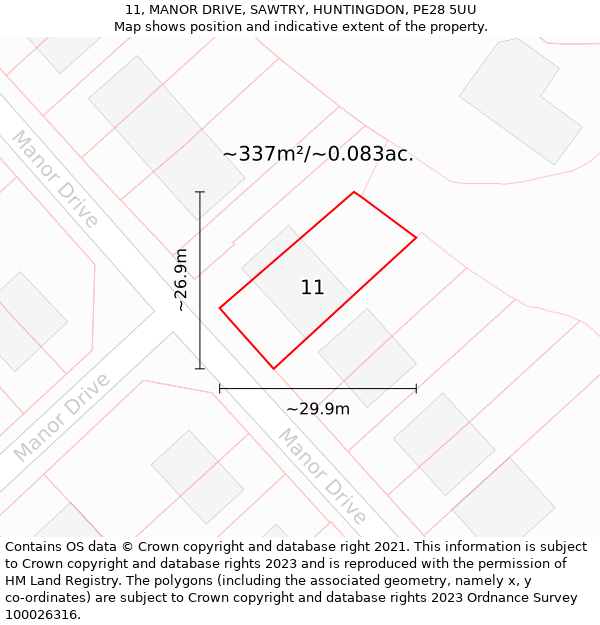 11, MANOR DRIVE, SAWTRY, HUNTINGDON, PE28 5UU: Plot and title map