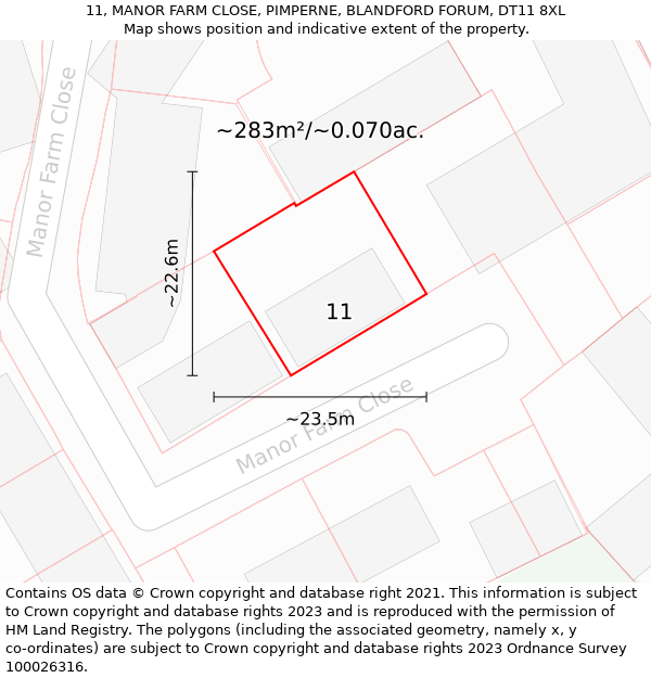 11, MANOR FARM CLOSE, PIMPERNE, BLANDFORD FORUM, DT11 8XL: Plot and title map