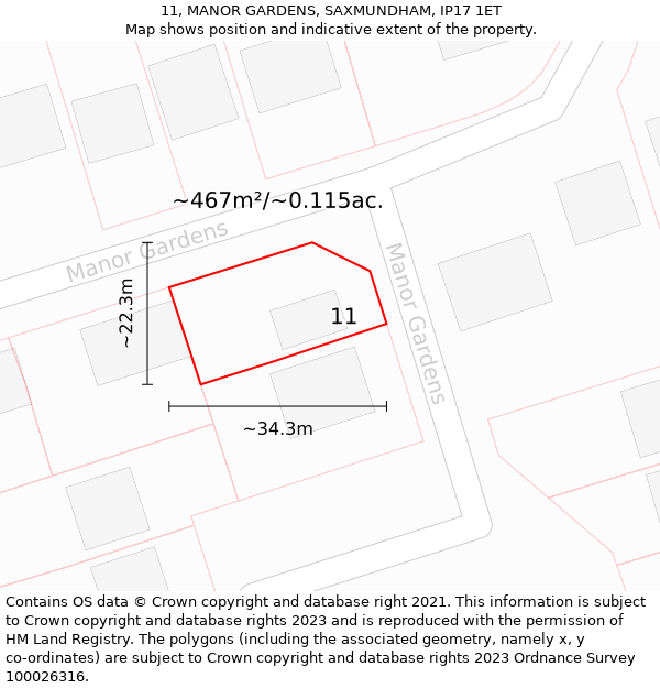 11, MANOR GARDENS, SAXMUNDHAM, IP17 1ET: Plot and title map