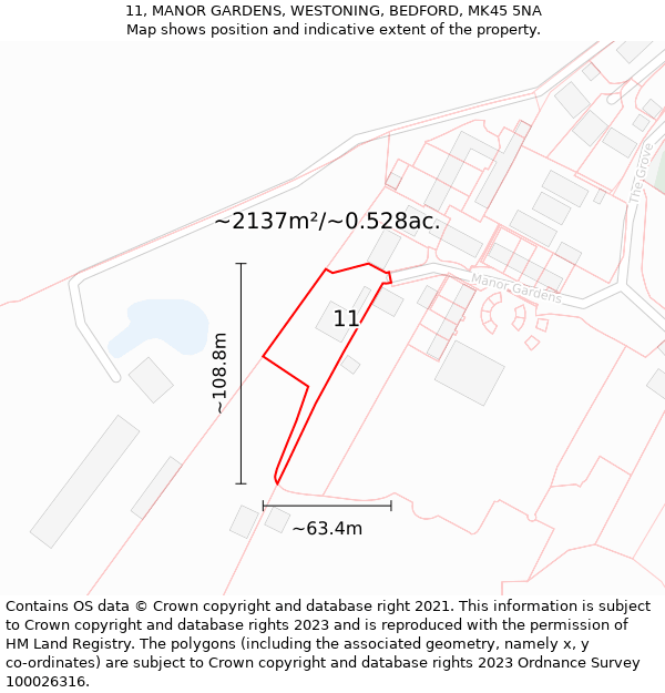 11, MANOR GARDENS, WESTONING, BEDFORD, MK45 5NA: Plot and title map