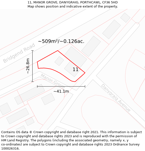 11, MANOR GROVE, DANYGRAIG, PORTHCAWL, CF36 5HD: Plot and title map