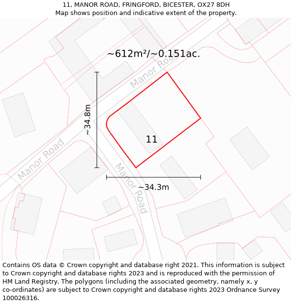 11, MANOR ROAD, FRINGFORD, BICESTER, OX27 8DH: Plot and title map