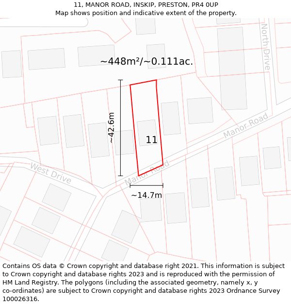 11, MANOR ROAD, INSKIP, PRESTON, PR4 0UP: Plot and title map