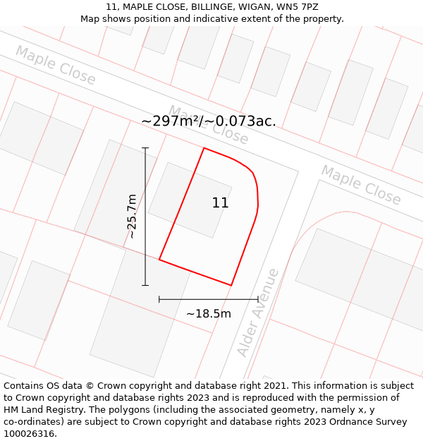 11, MAPLE CLOSE, BILLINGE, WIGAN, WN5 7PZ: Plot and title map