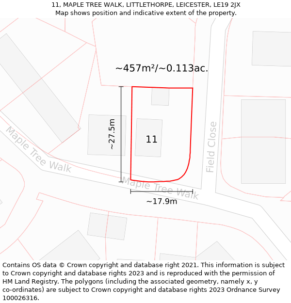 11, MAPLE TREE WALK, LITTLETHORPE, LEICESTER, LE19 2JX: Plot and title map