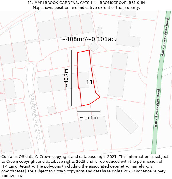 11, MARLBROOK GARDENS, CATSHILL, BROMSGROVE, B61 0HN: Plot and title map