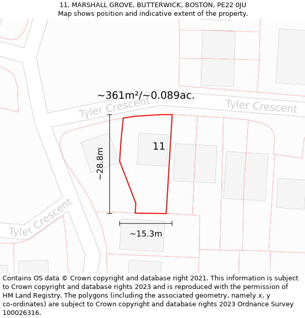 11, MARSHALL GROVE, BUTTERWICK, BOSTON, PE22 0JU: Plot and title map