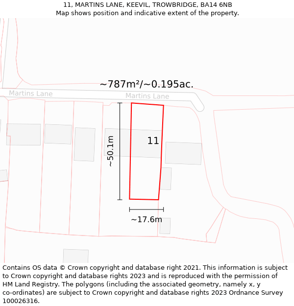 11, MARTINS LANE, KEEVIL, TROWBRIDGE, BA14 6NB: Plot and title map