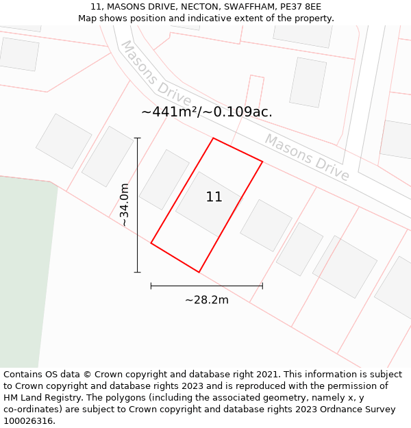 11, MASONS DRIVE, NECTON, SWAFFHAM, PE37 8EE: Plot and title map